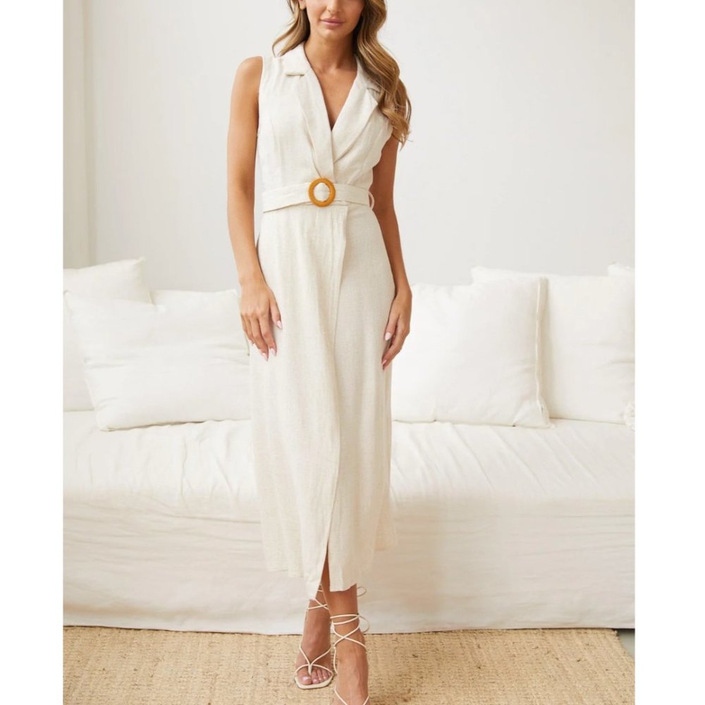 (NWT) ESTHER & CO - Beige/Oatmeal Linen Midi Dress with Belt